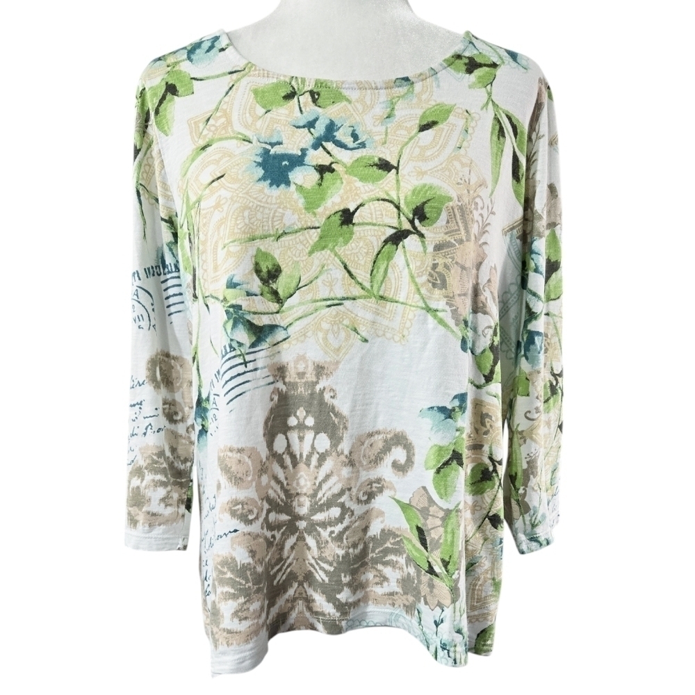 Chico's 100% Cotton Postcard Worthy Smooth Scoop Neck Tee Floral White Slub
